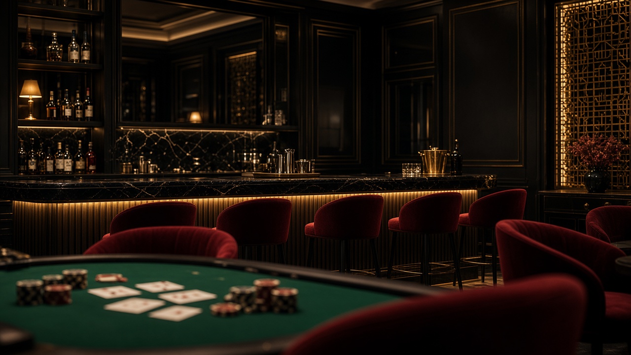 Dark lounge with a felt card table and warm gold light
