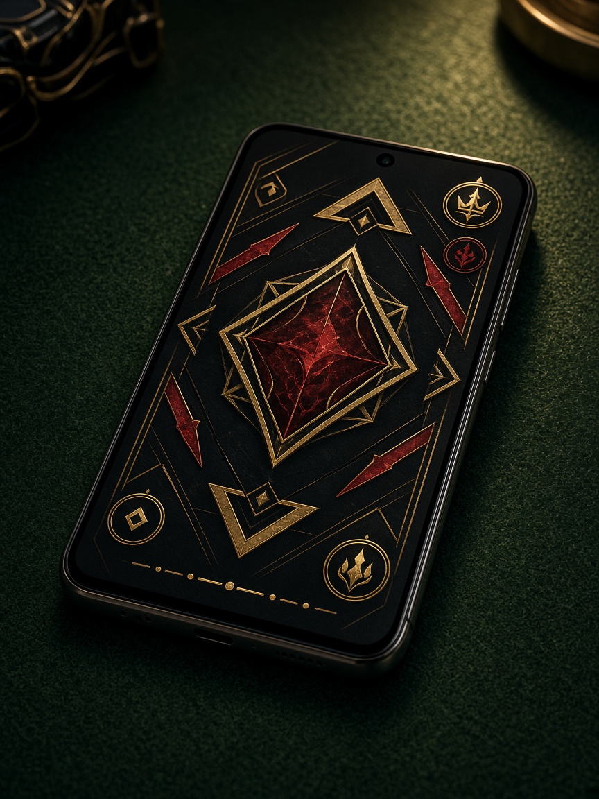 Android phone on green felt showing a dark game screen